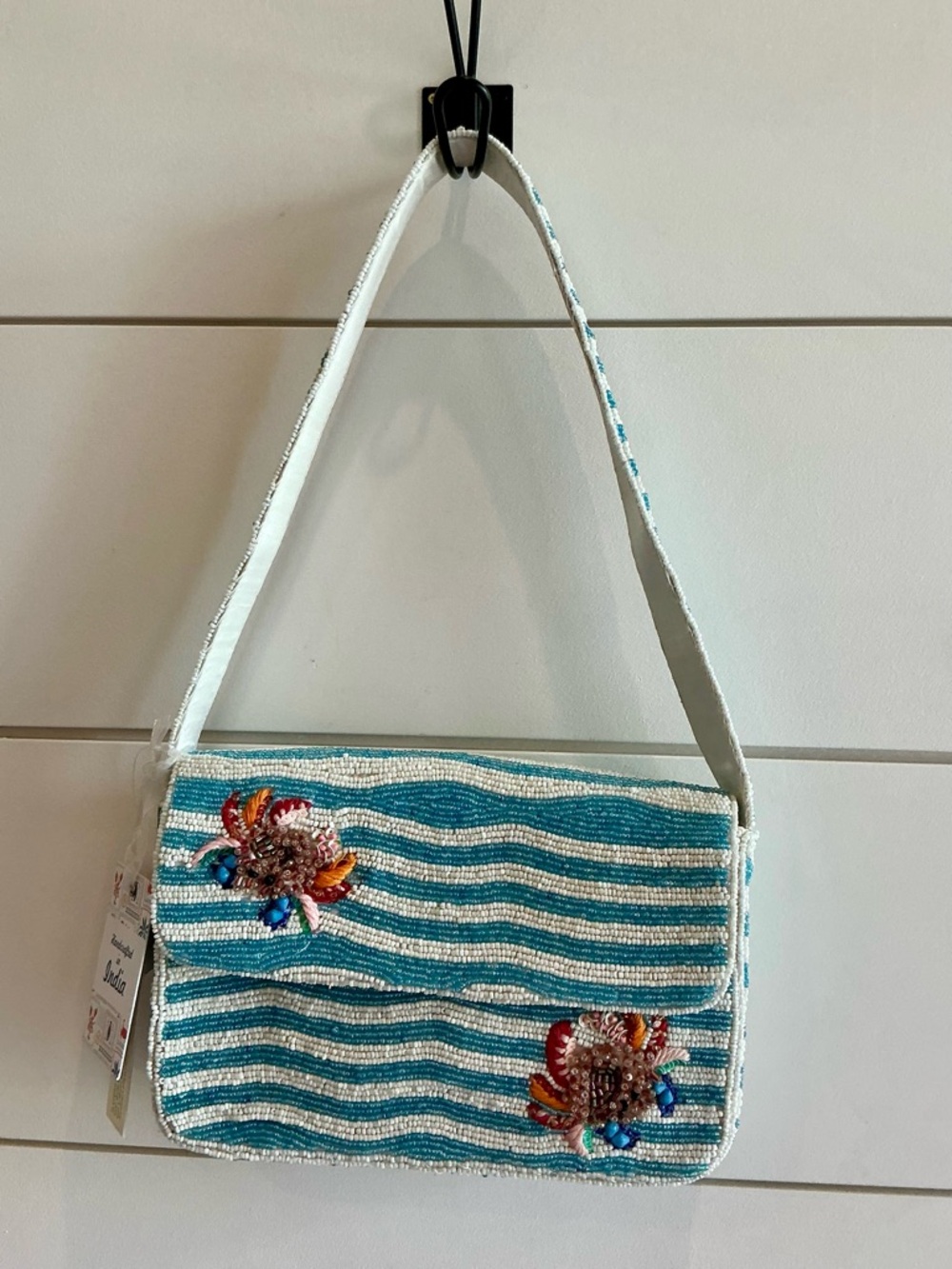VIRAL Beaded Clutch with Embroidered crab Accent - Teal & White